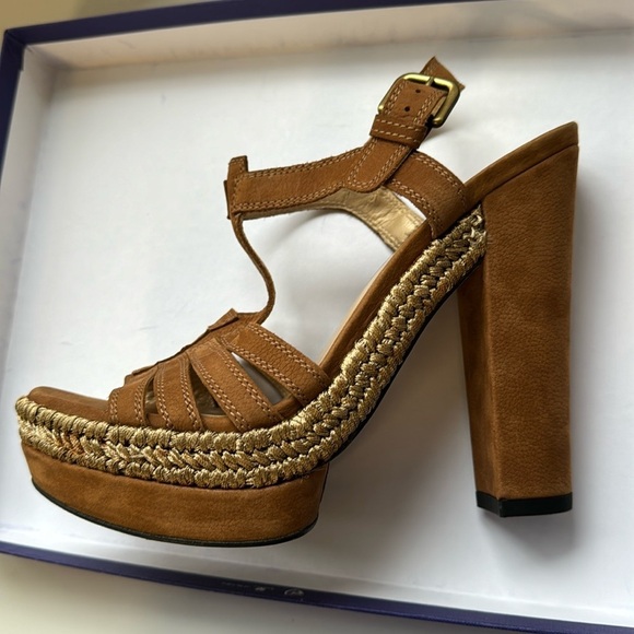 Stuart Weitzman tempo platform sandals luggage Rice nubuck